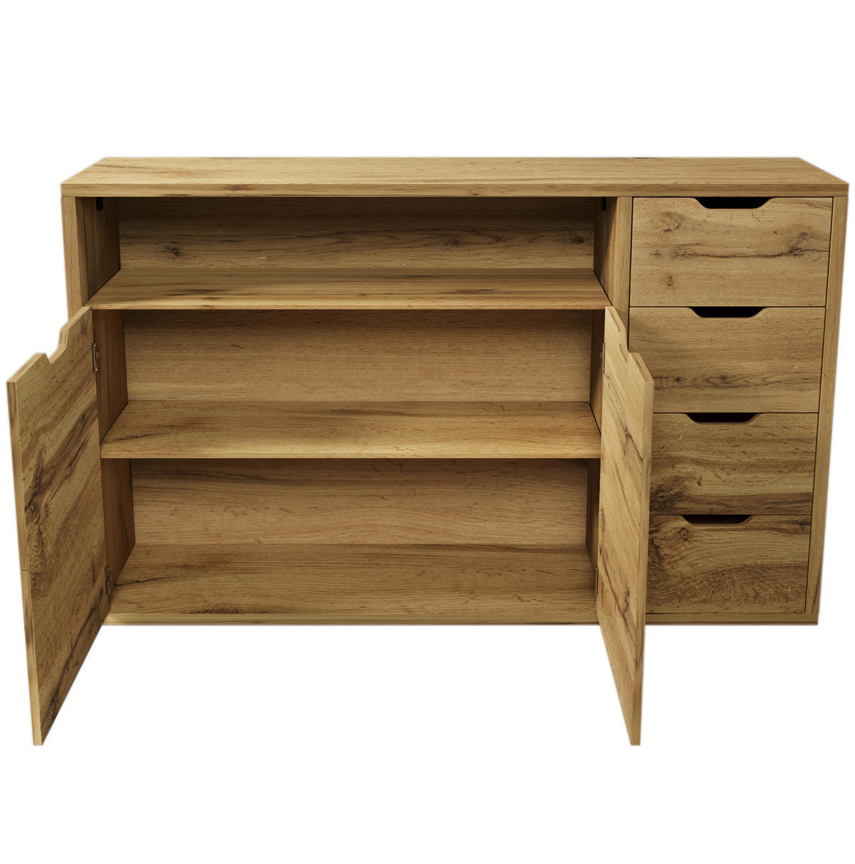 SIDEBOARD aus MDF und Metall 150x40x90 cm Eichefarben/Schwarz mit 2 Türen, 4 Schubladen, offenem Fach und Softclose - Eichefarben, Holzwerkstoff (150/90/40cm) - Modfu