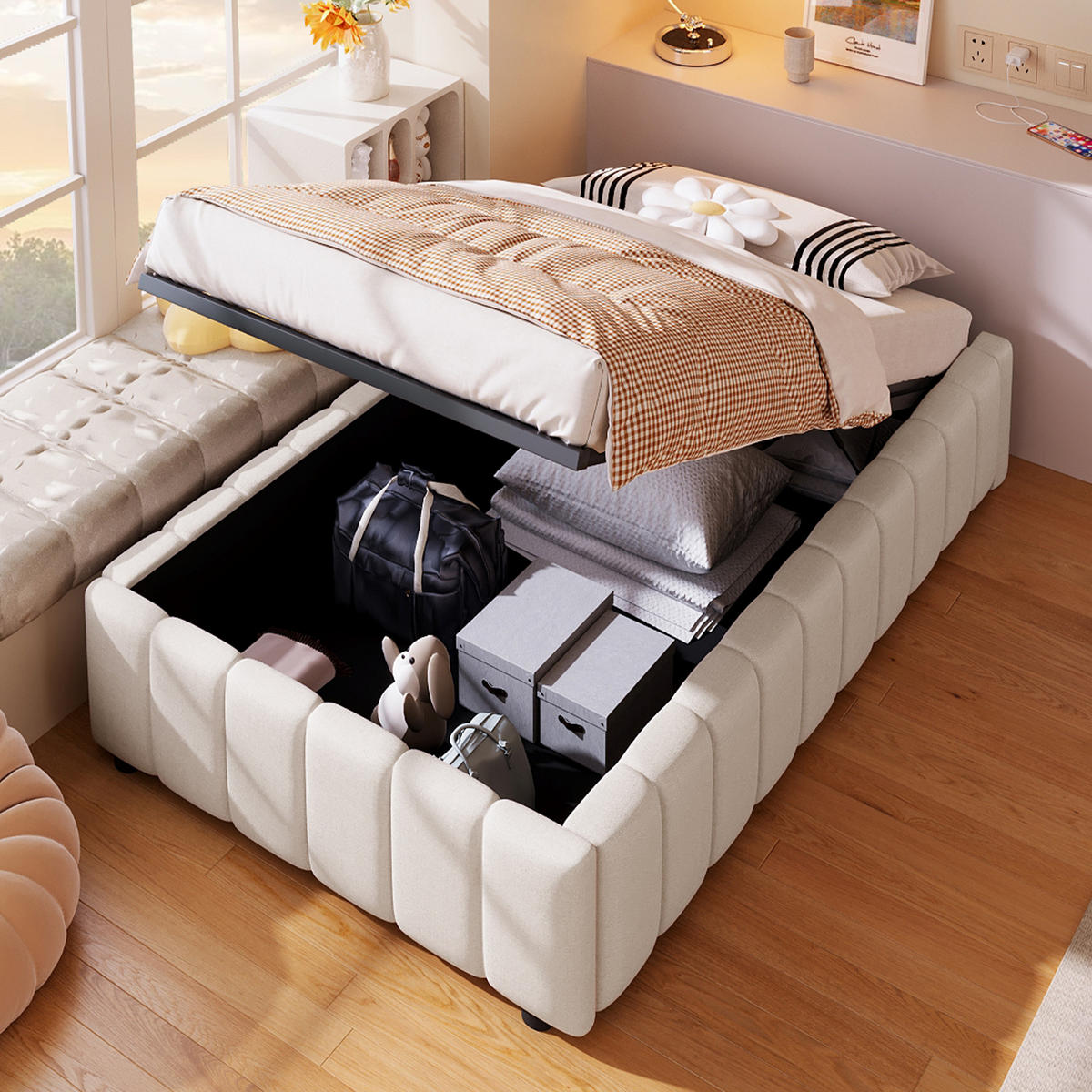 POLSTERBETT 90x200cm Beige hydraulische Lagerung ohne Kopfteil - Beige, Holz (90/200cm) - FLIEKS