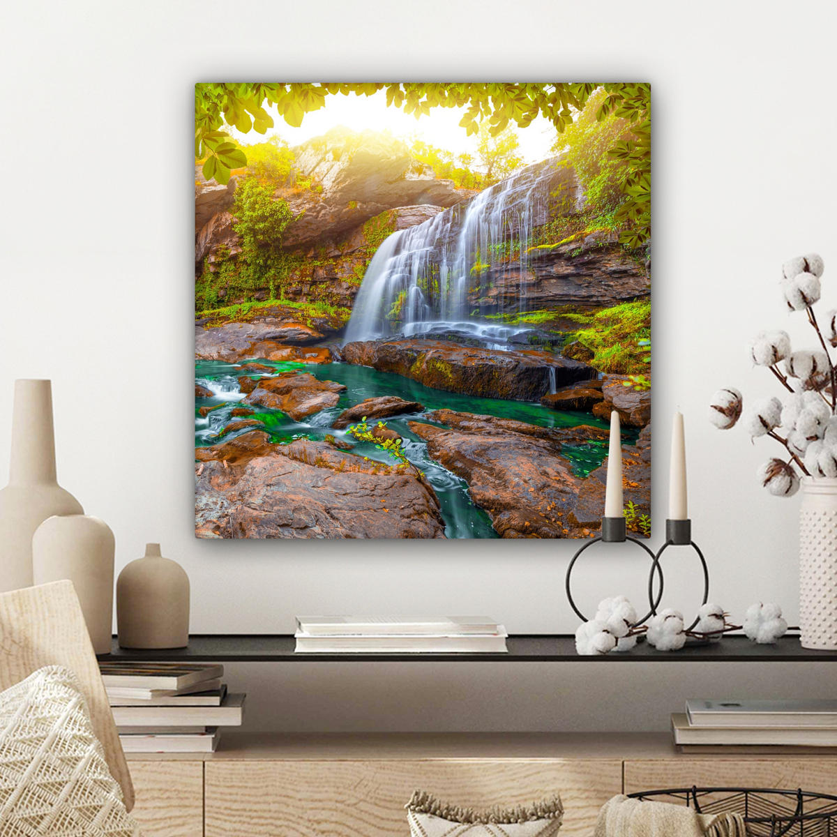 LEINWANDBILD Natur - Wasserfall - Pflanzen - Bäume - Sonne Wandbild Wohnzimmer 50x50 cm - Olivgrün, Textil (50/50cm) - MuchoWow