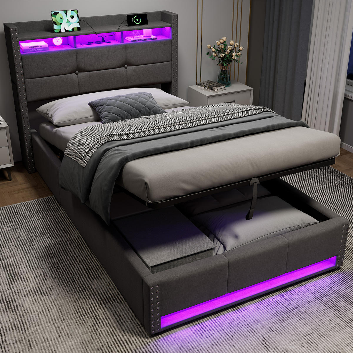POLSTERBETT 90×200 mit Bettkasten, LED und USB, in Grau, Leinenbezug, ohne Matratze - Grau, Holzwerkstoff/Textil (90/200cm) - STILVORA