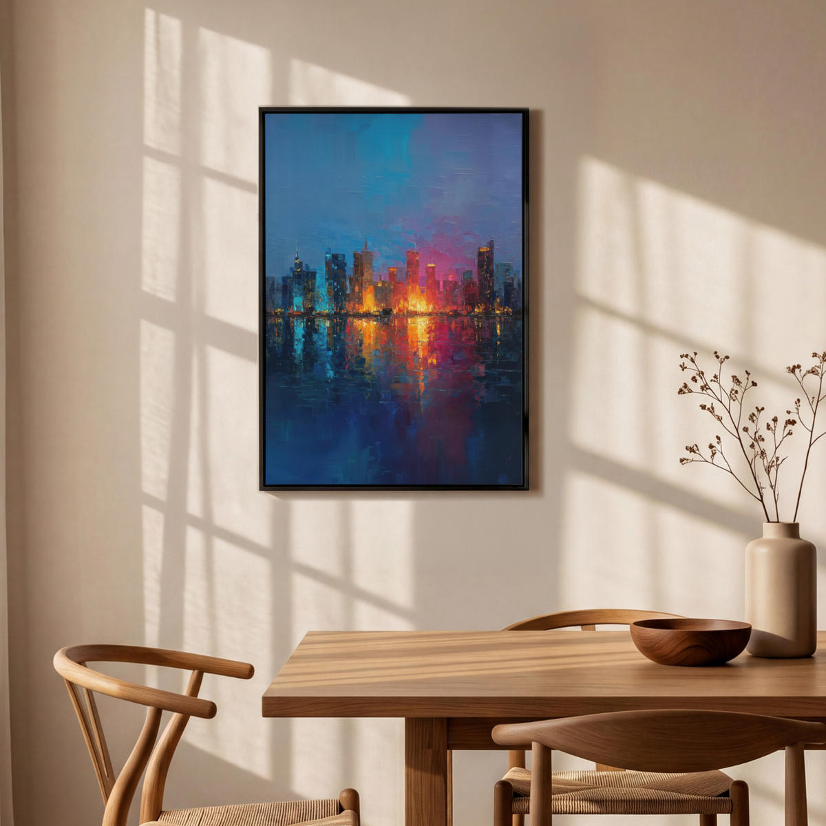 LEINWAND Bilder mit Rahmen - Skyline - Pinselstriche - Dunkelblau - Leuchtend - 60x90 - Blau, Textil (60/90cm) - MuchoWow
