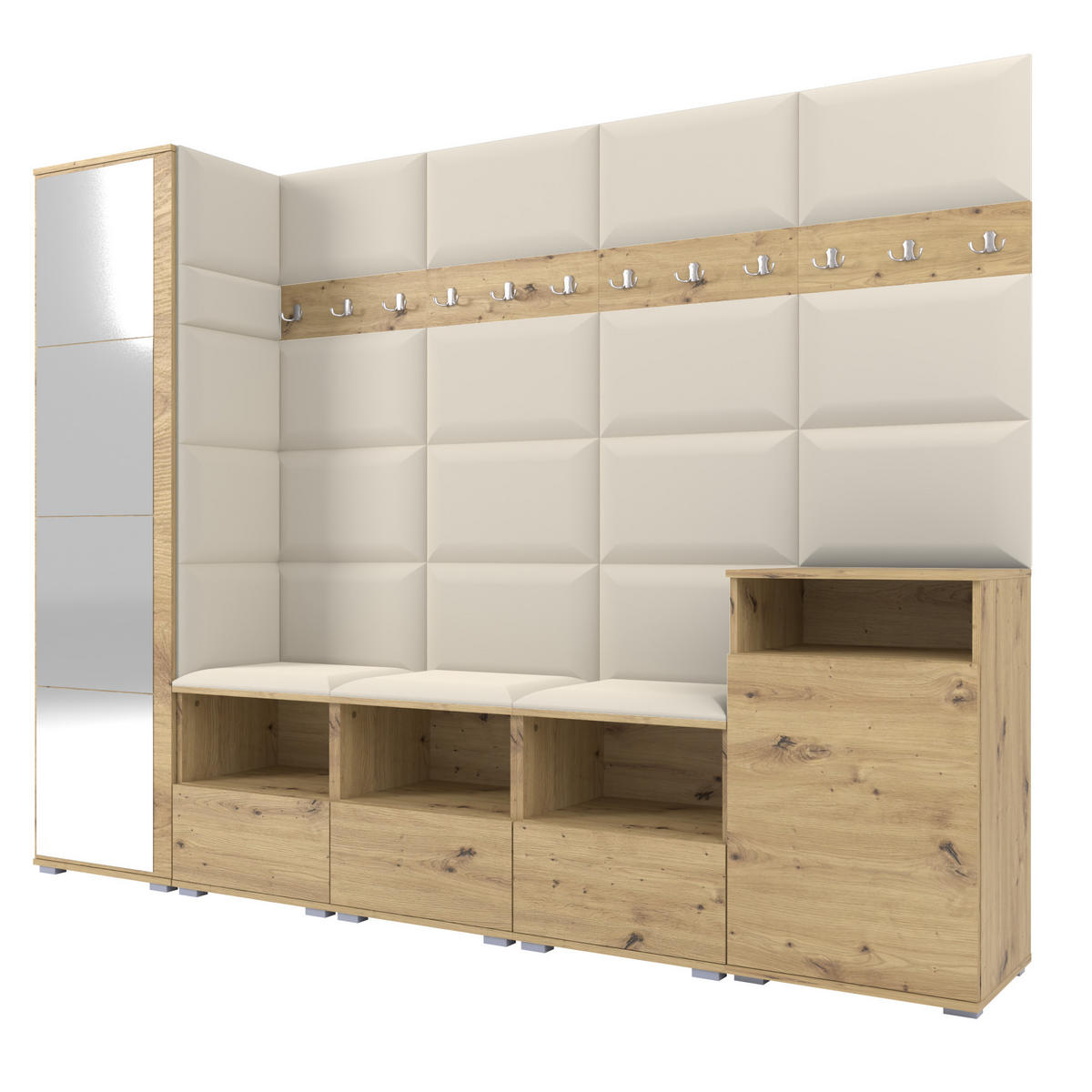 GARDEROBE NELA XI 250 cm (Modulare Flurmöbel Artisan Eiche mit Spiegel & Sitzpolster Creme 01 Großes Set) - Silberfarben/Creme, Holz/Holzwerkstoff (250/187/40cm) - Ravio