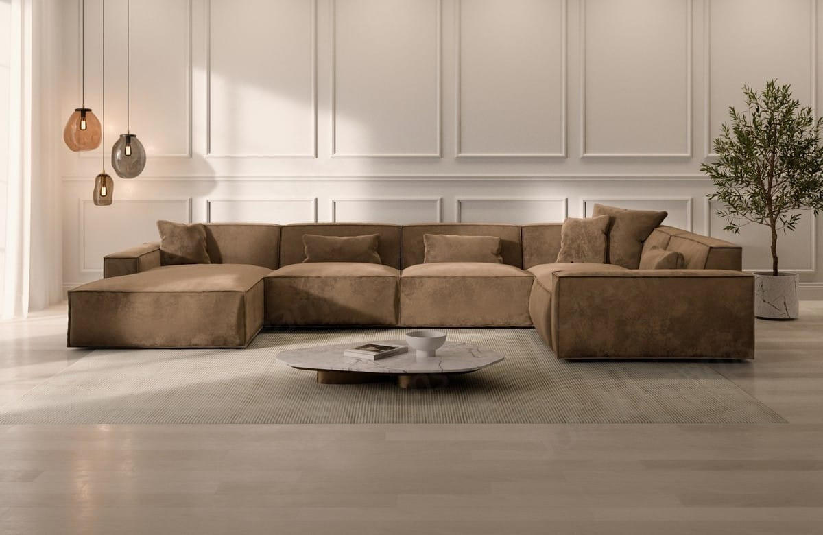 WOHNLANDSCHAFT Beluga Braun Samtstoff - Braun, Kunststoff (313/73/181cm)