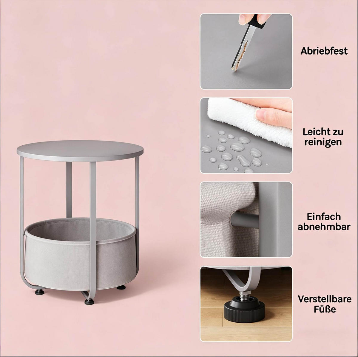 BESTELLTISCH aus Spanplatte und Metall 45x45x50 cm in Grau mit Stoffkorb - Grau, Holzwerkstoff (45/45/50cm) - Modfu