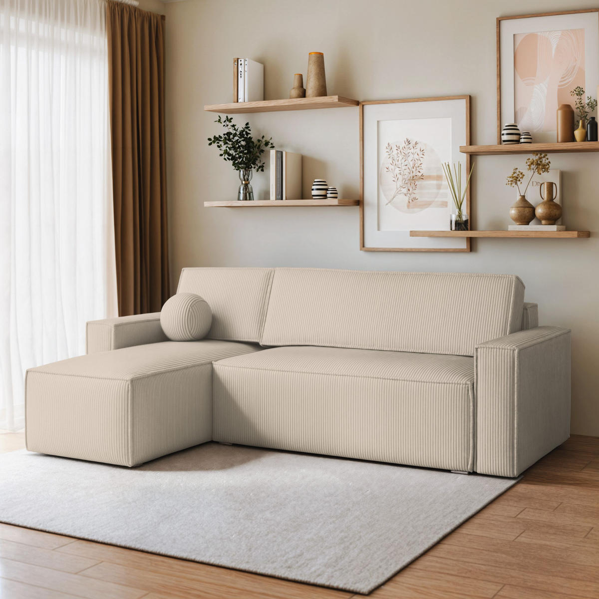 ECKSOFA RAVELO P Creme Kordstoff mit Schlaffunktion - Creme, Holz (240/140cm) - MASSENO