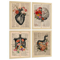 POSTER Set aus 4 Anatomie Drucke und Wandbilder mit Herz Gehirn Skelett und Darm Antiker Hintergrund Medizinische Wanddekoration Größe Rahmenlos A3 - Klar, Papier (29.7/42/3cm) - Nacnic