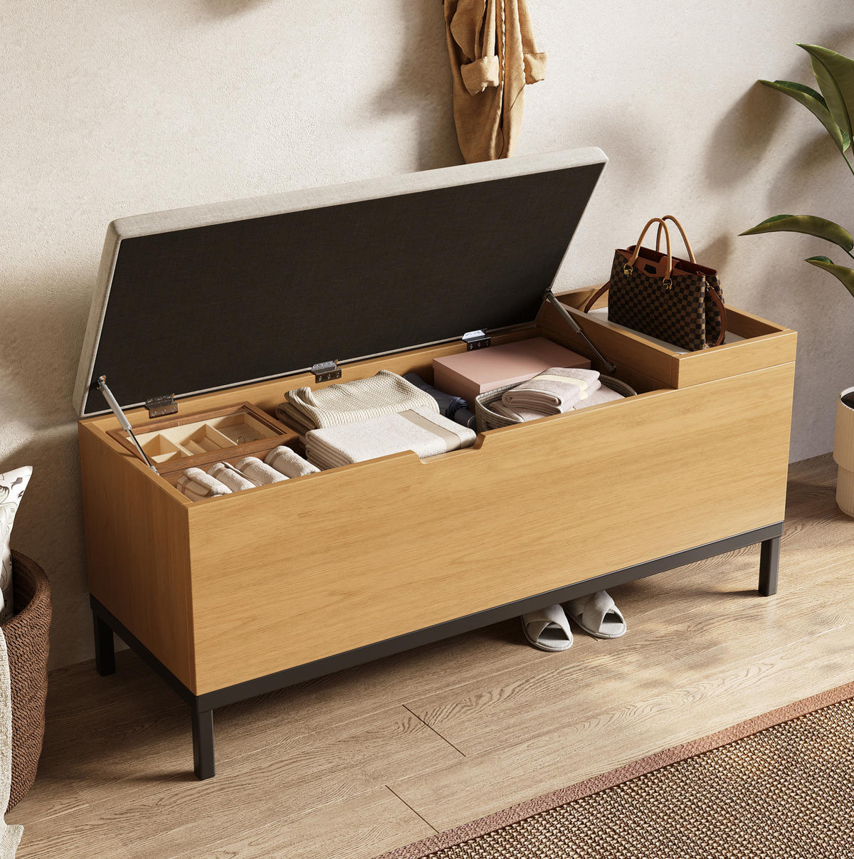 SCHUHBANK 115/49,5/40 cm natural mit Stauraum und hochwertiger Polsterung - Naturfarben, Holzwerkstoff (115/40/49.5cm) - OKWISH