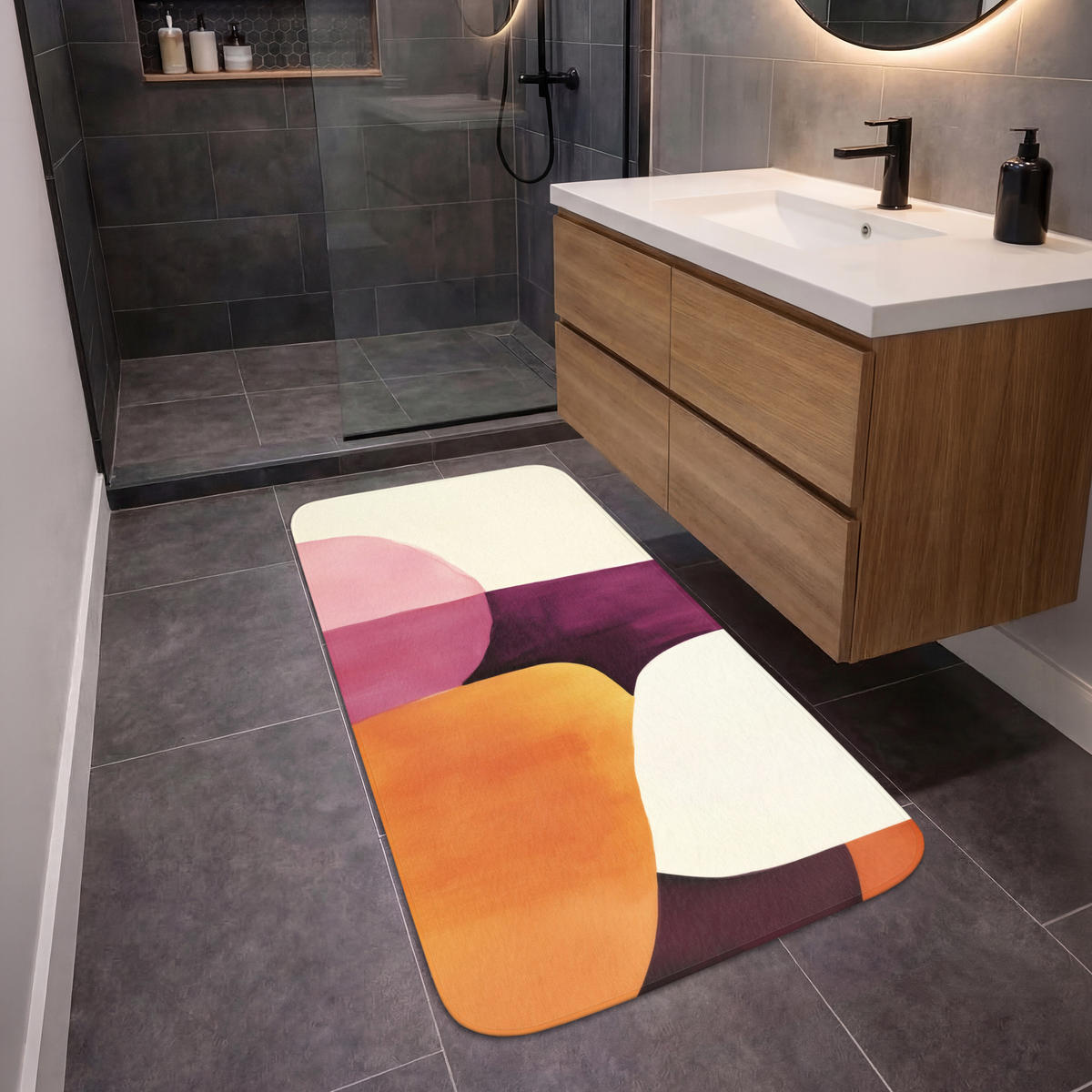 KOUPELNOVÁ PŘEDLOŽKA Tvary - abstraktní - barevné 60x120 cm - terakotová, textil/plast (60/120cm) - OnlyWow