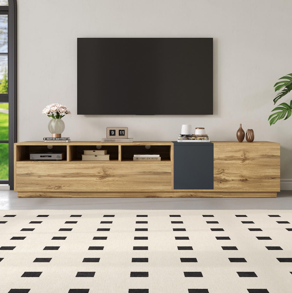 TV-SCHRANK mit offenen Fächern 200 cm Schwarz/Grau Holzoptik - Grau, Holzwerkstoff (45/45/200cm) - Beauniv