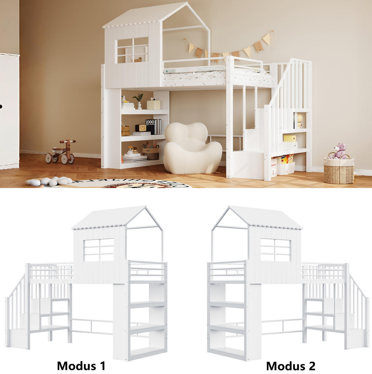 HOCHBETT 90/200 cm weiß aus Metall und MDF mit Regaltreppe - Weiß, Metall (90/200cm) - OKWISH