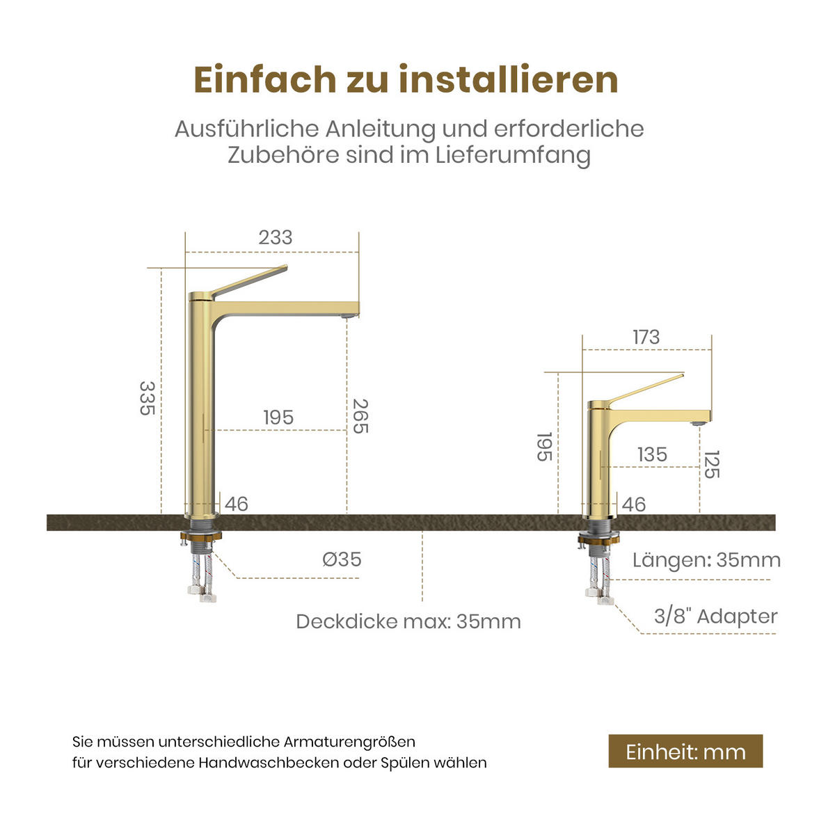 WASCHTISCHARMATUR mit Zertifiziertem Filterelement Champagnergold Hoher Stil - Goldfarben, Metall (23.3/4.6/33.5cm) - EMKE