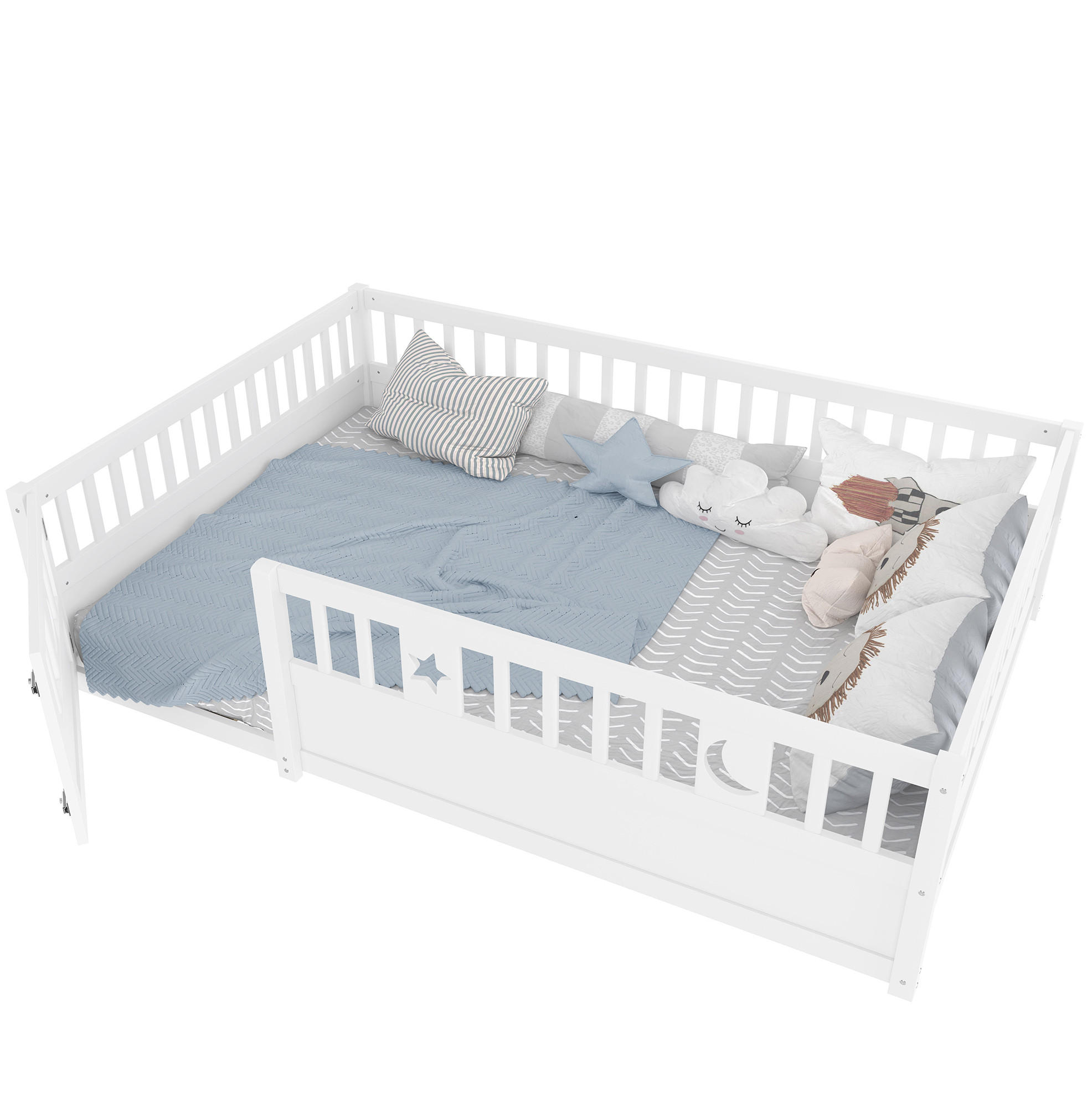 KINDERBETT 140/190 cm aus Kiefer mit Sicherheitsgitter und Stern-Mond-Dekor Weiß - Weiß, Holz (140/190cm) - Modenvie