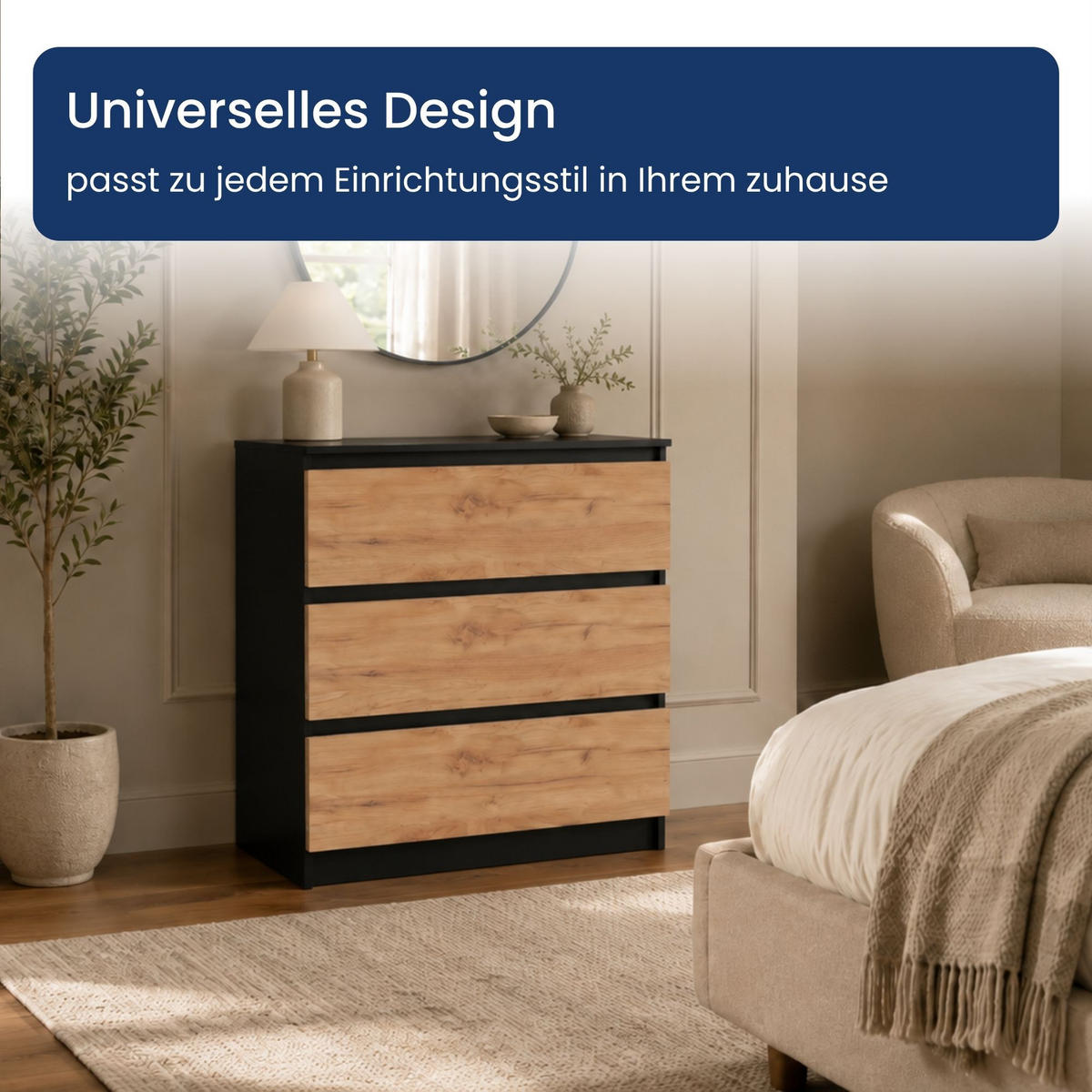 KOMMODE mit drei Schubladen in Schwarze Craft-Eiche - Schwarz/Naturfarben, Holzwerkstoff (70/77/40cm) - Home Collective