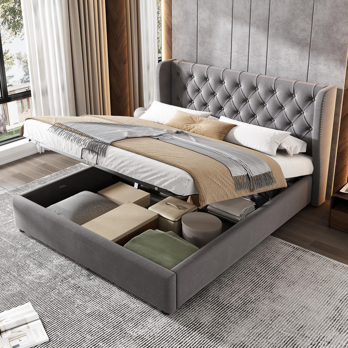 POLSTERBETT aus Samt 140x200 cm Grau mit hydraulischem Bettkasten und Lattenrost - Grau, Textil (140/200cm) - IVMEU
