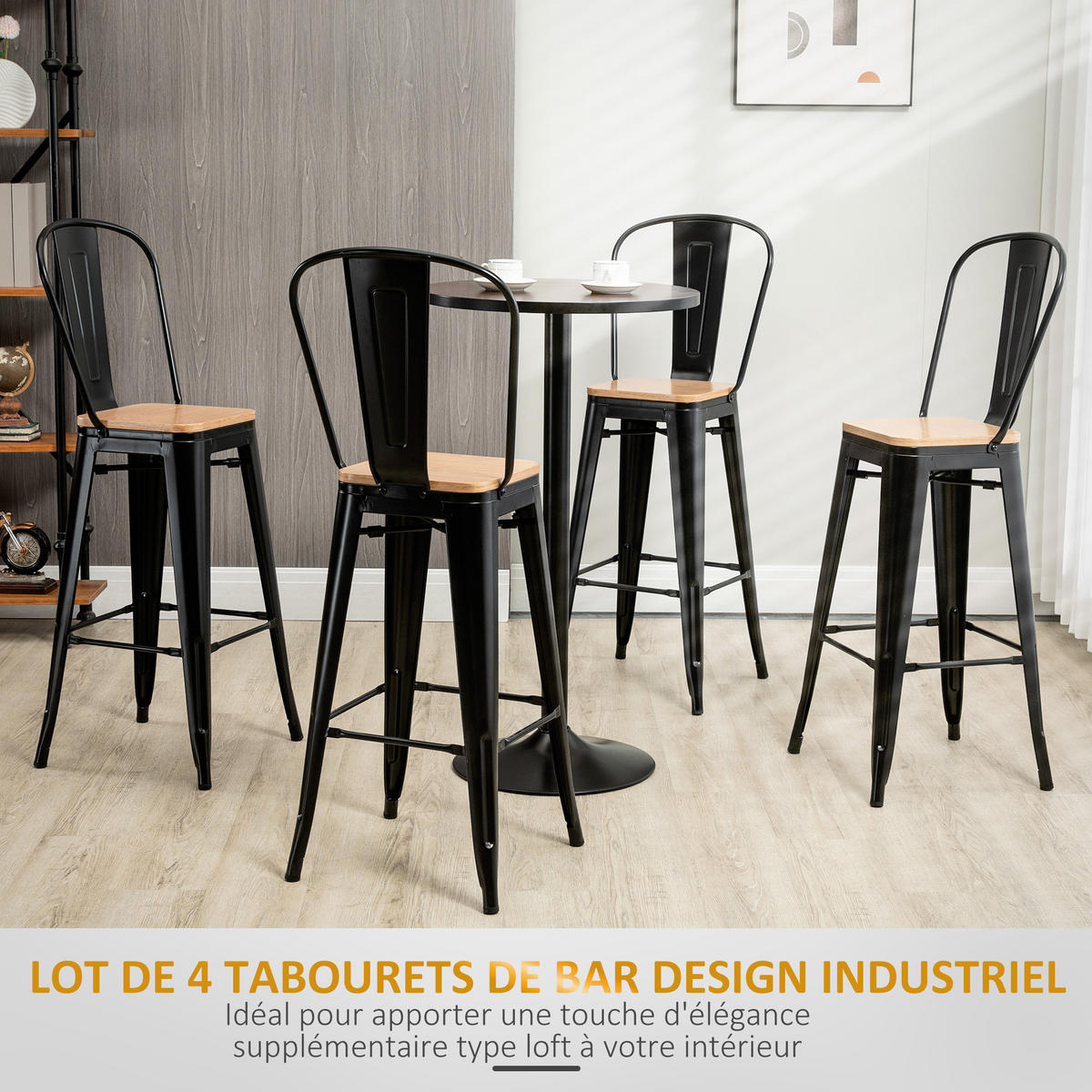 BARHOCKER 4er-Set DE-14705 industriell mit Rückenlehne & Fußstütze Hellholz/Schwarz - Schwarz, Metall (44/118/45cm) - ComfortXL