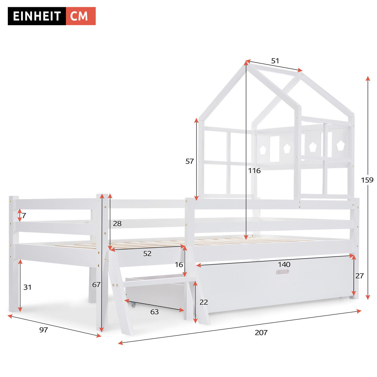 HOCHBETT 90/200 cm weiß mit Leiter und Schubladen aus Massivholz mit Matratze - Weiß, Holzwerkstoff (90/200cm) - OKWISH