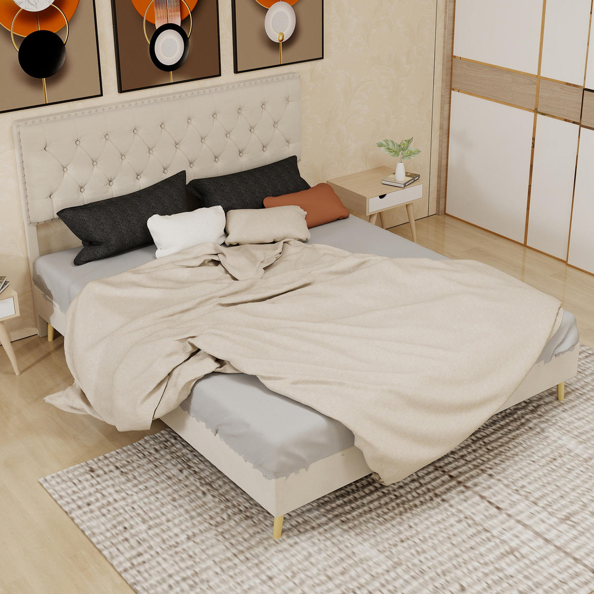 POLSTERBETT 160/200 cm in Beige Samt mit Stauraum unter dem Bett - Beige, Holzwerkstoff/Textil (160/200cm) - WISHDOR