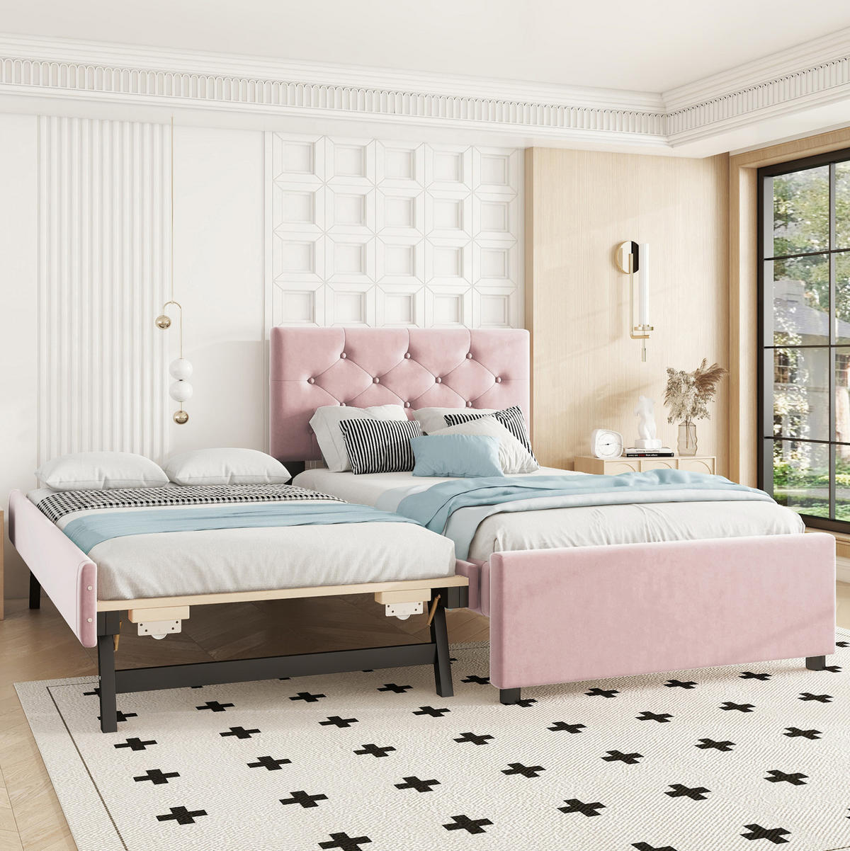 POLSTERBETT 90/200 cm mit Lattenrost und ausziehbarem Rollbett aus Samt, Rosa - Rosa, Textil (90/200cm) - Redom