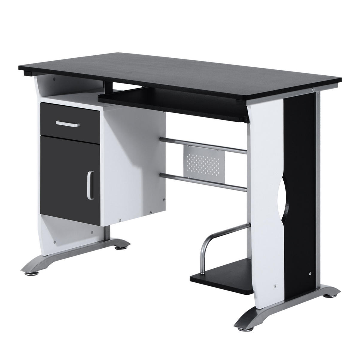 SCHREIBTISCH Schwarz und Weiß mit Tastaturauszug, Schublade und Schrankfach 100/52/75 cm - Schwarz, Holzwerkstoff (52/100/75cm) - PANGIVO