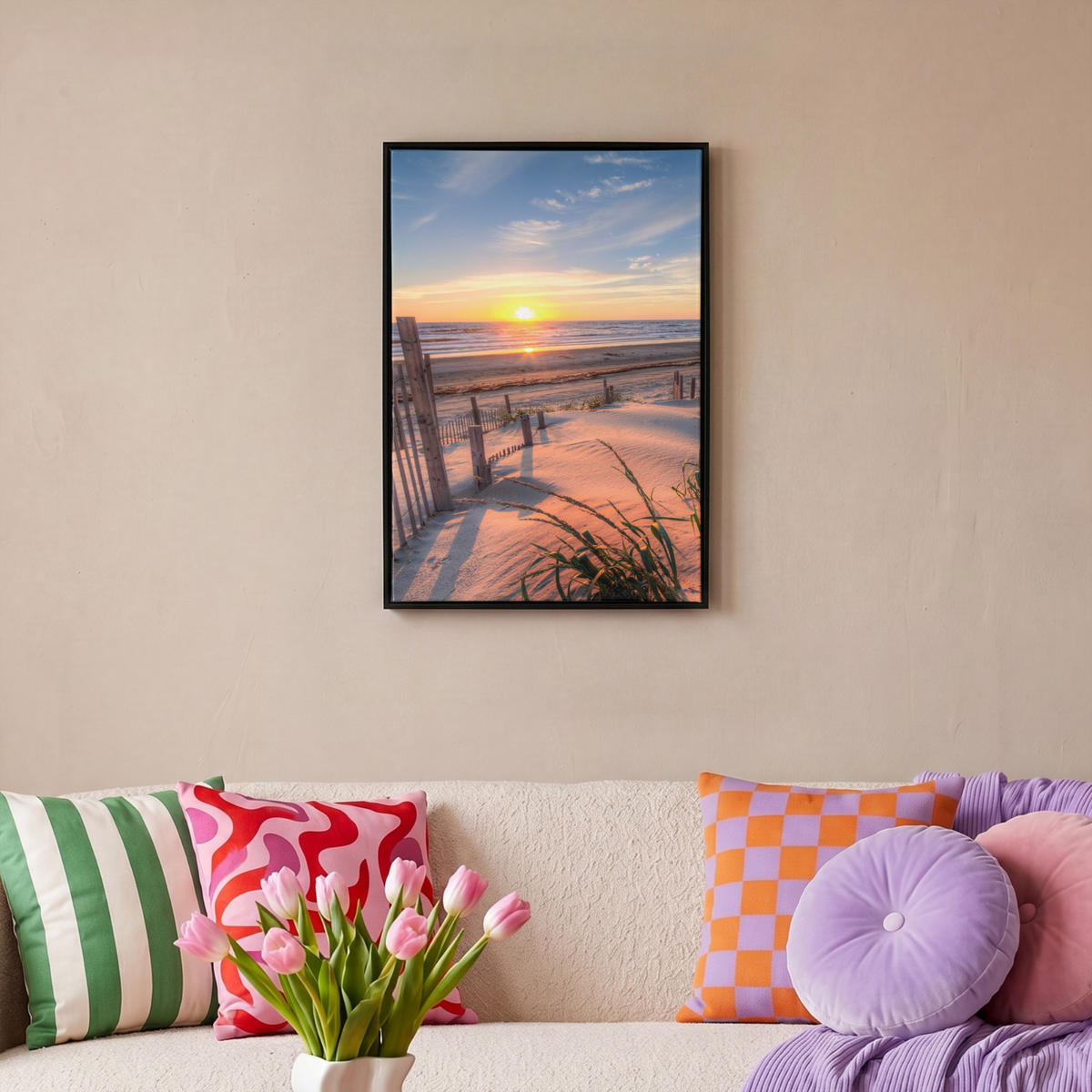 LEINWAND Bilder mit Rahmen - Strand - Meer - Düne - Sonnenuntergang - Landschaft - 40x60 - Beige, Textil (40/60cm) - MuchoWow