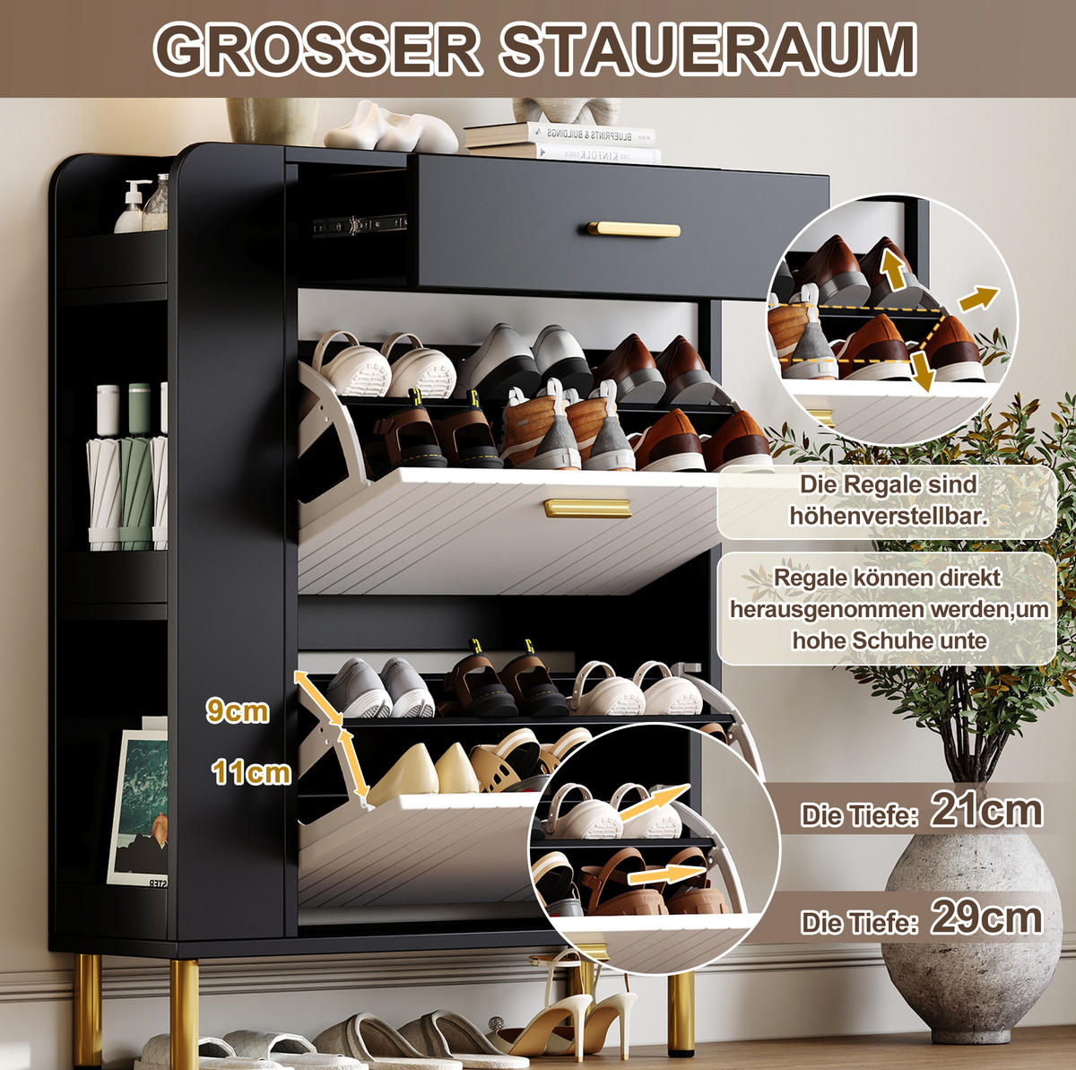 SCHUHSCHRANK 80/24/105 cm mit 2 Klappen, 1 Schublade und offenen Fächern aus MDF und Spanplatte, Weiß/Schwarz - Weiß, Holzwerkstoff (80/105/24cm) - Redom