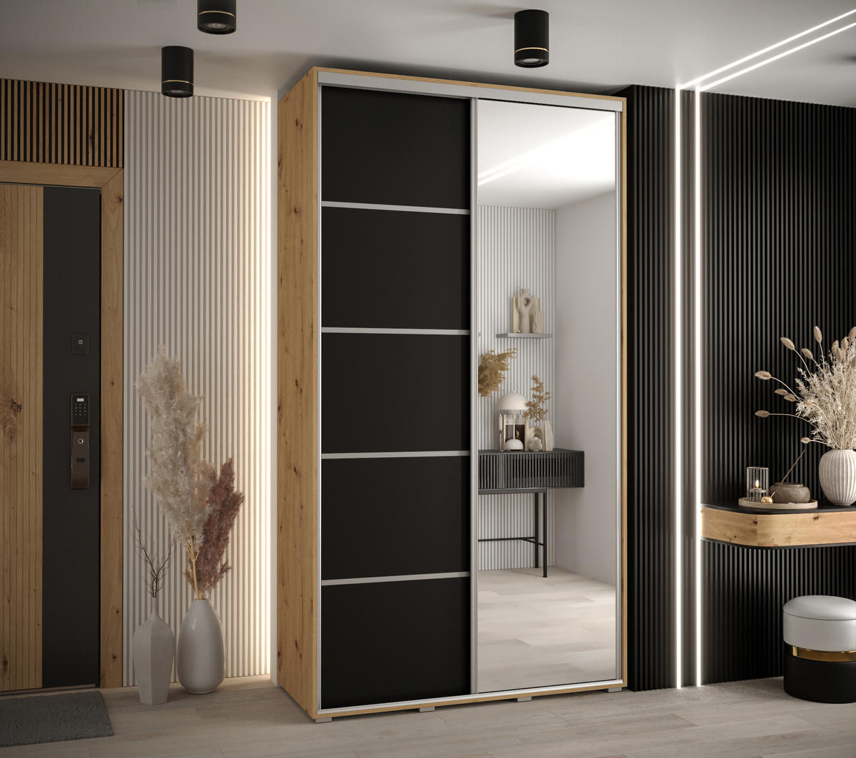 SCHWEBETÜRENSCHRANK 235,2/140/60 2-türig - Silberfarben/Schwarz, Holz/Metall (140/235/60cm) - Abiks Möbel