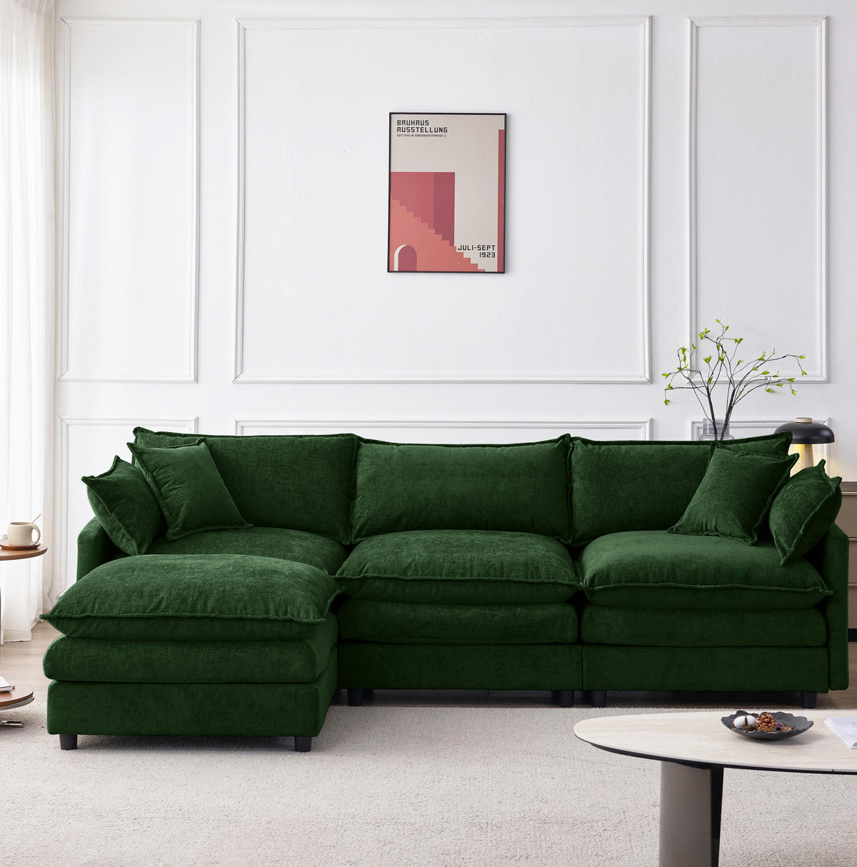 ECKSOFA 267/154/85 cm grün aus Chenille mit Hocker und modularem Design - Grün, Textil (154/267cm) - OKWISH