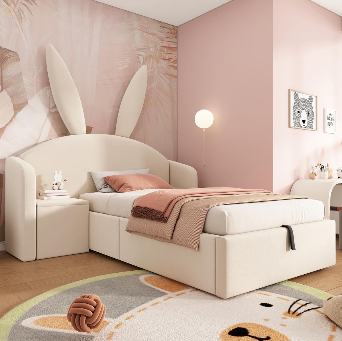 BETT mit hydraulischem Stauraum 90x200 cm Samt Beige, 2-tlg. mit Nachttisch - Beige, Metall (90/200cm) - Beauniv