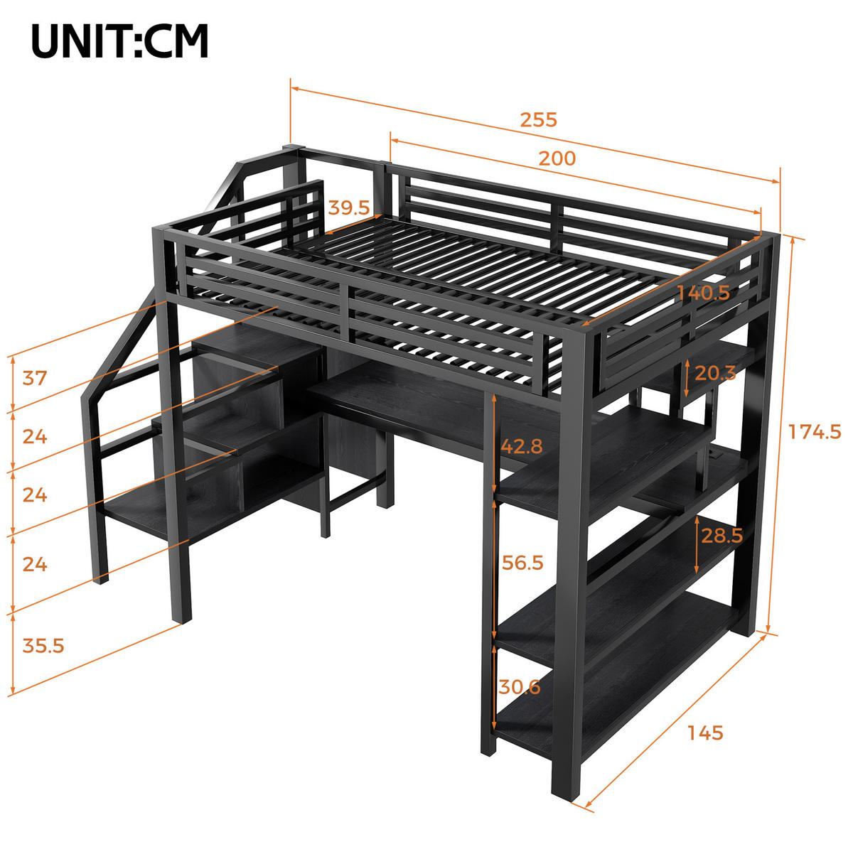 HOCHBETT 140/200 cm in Schwarz mit Schreibtisch, Treppe und offenem Kleiderschrank - Schwarz, Holzwerkstoff (140/200cm) - BEAOK