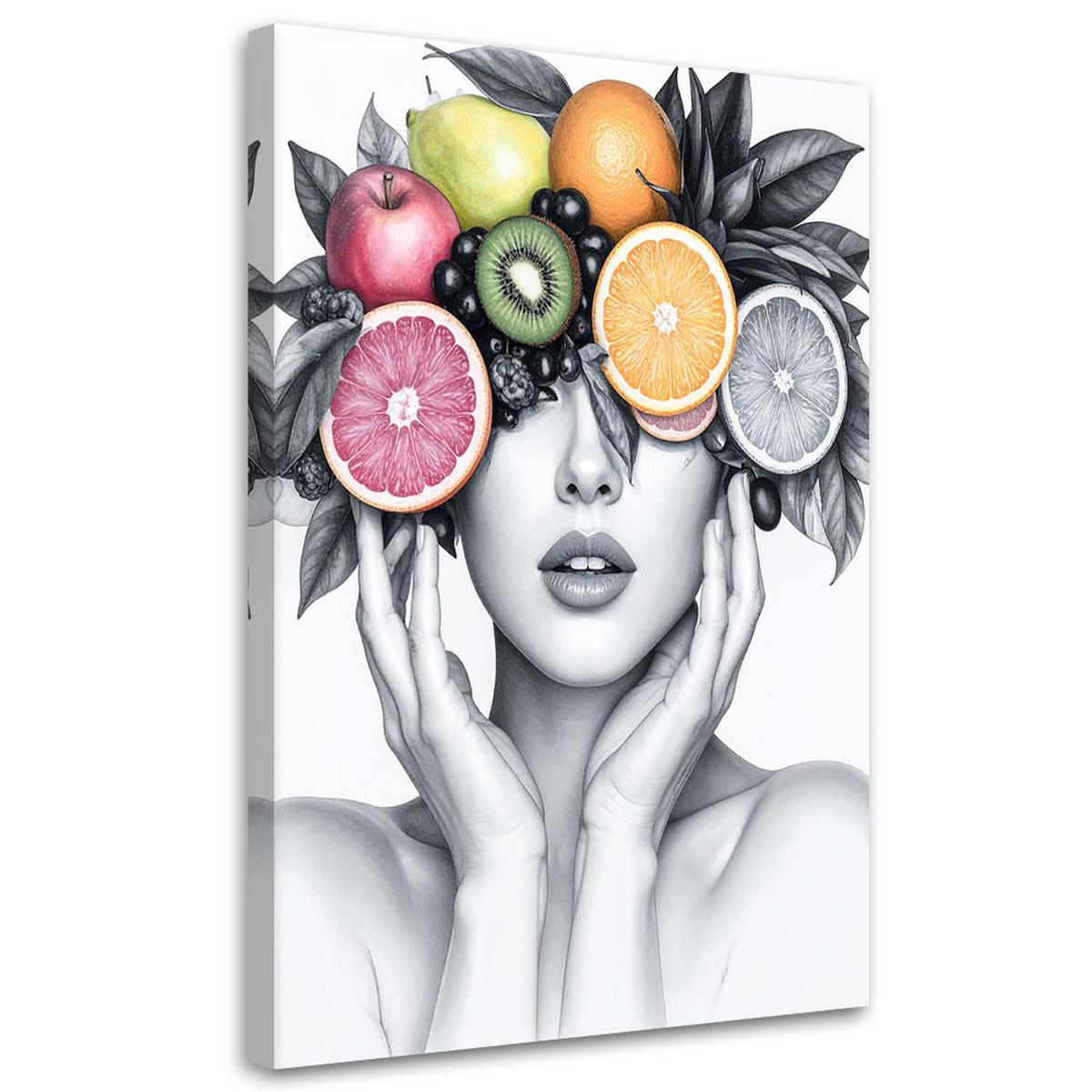 LEINWANDBILD Frau mit Früchten auf dem Kopf 70x100cm - Grau, Textil (70/100cm) - Feeby