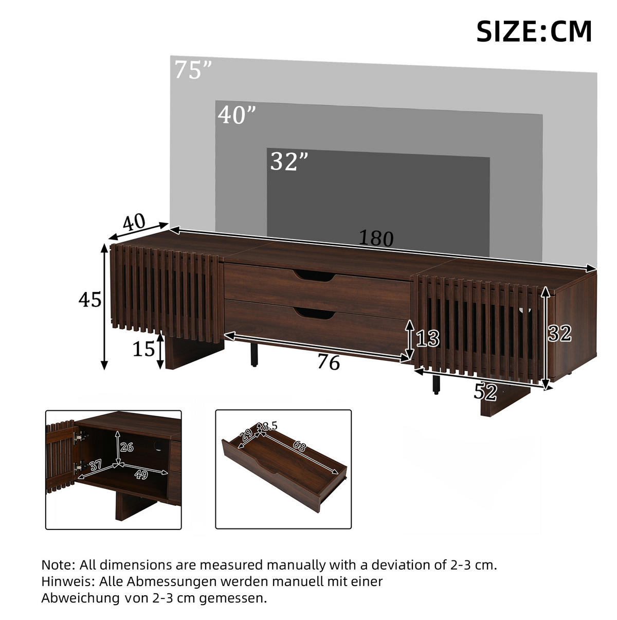 TV-LOWBOARD 180/40/45 cm mit 2 Schubladen, 2 Lamellentüren und Stauraum, Dunkle Walnussfarbe - Braun, Holzwerkstoff (180/45/40cm) - Redom