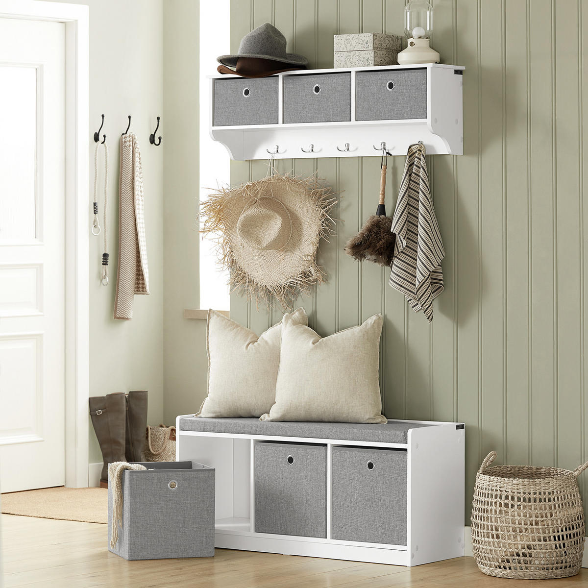 SCHUHBANK Grau - Weiß, Holzwerkstoff (102/45/32cm) - SoBuy
