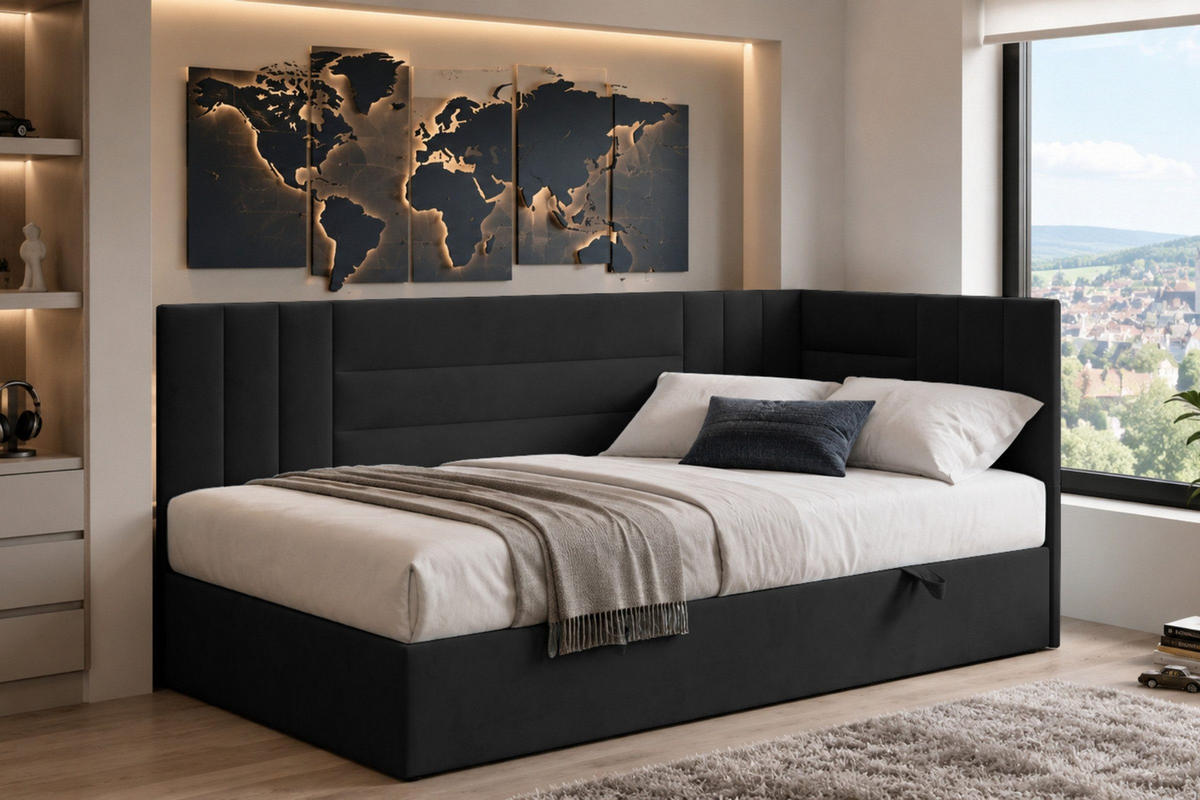 BOXBETT KAYA 100/200 in Velours Schwarz H4 rechts - Schwarz, Holz/Holzwerkstoff (100/200cm) - Deine Möbel 24