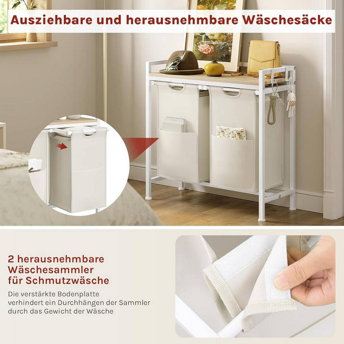 WÄSCHEKORB 2 Fächer, jedes 40 L, Weiß+Helle Eiche - Eichefarben/Weiß, Holzwerkstoff/Textil (70/71/30cm) - Woltu