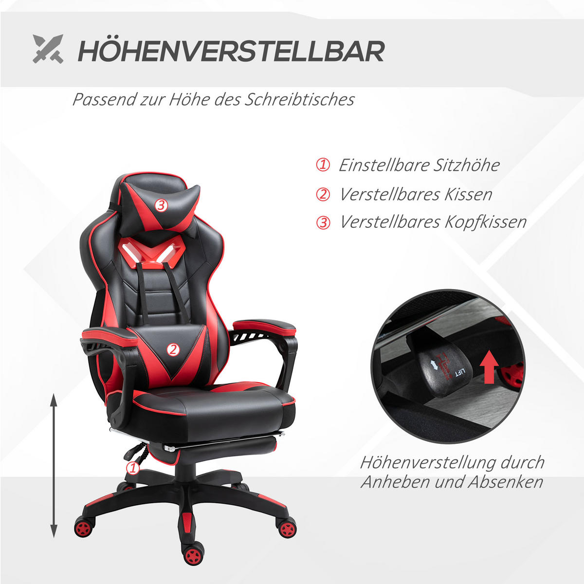 ERGONOMISCHER Bürostuhl, Schwarz+Rot - Multicolor, Leder (70/118.5/65cm) - Vinsetto