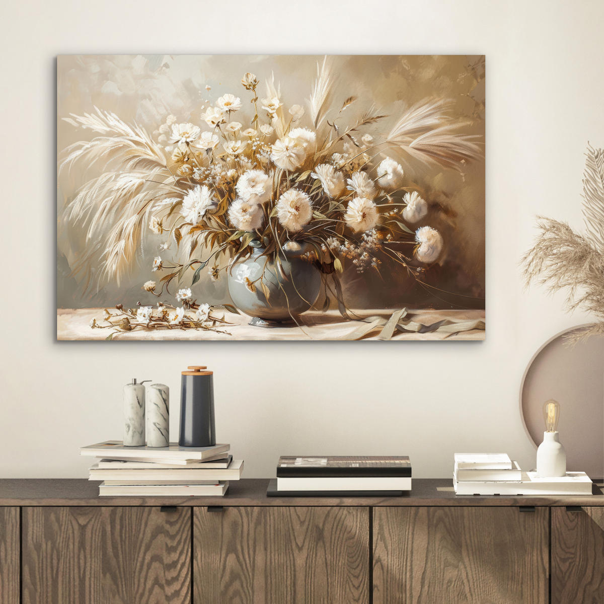 METALLBILD Blumen - Vase - Stilleben - Beige 60x40 cm - Creme, Metall (60/40cm) - MuchoWow