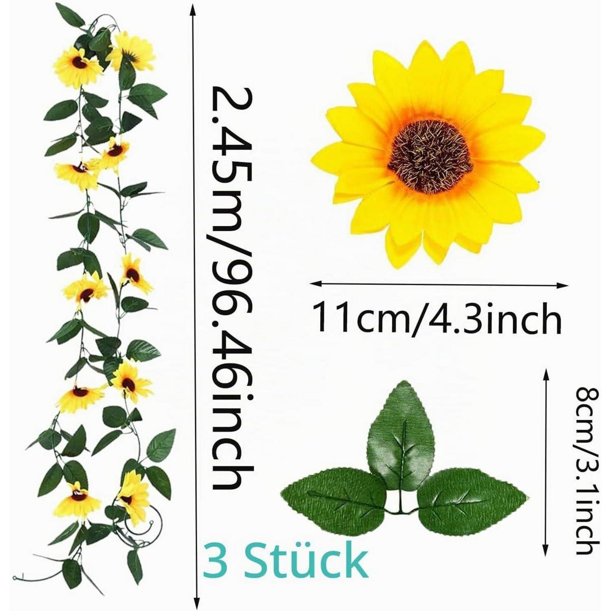 KUNSTBLUMEN-GIRLANDE Sonnenblumen 3-teiliges Set 2.45 m - Gelb, Kunststoff (8cm)