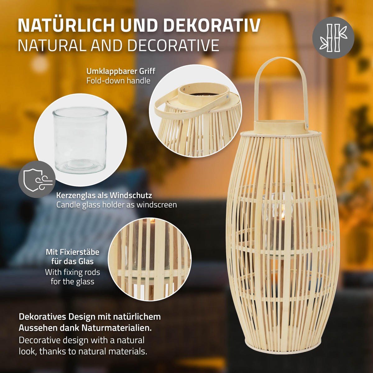 BAMBUSOVÁ LAMPION V: 75 cm, dřevěná barva, styl boho - přírodní, dřevo (30/75/30cm) - ECD-Germany