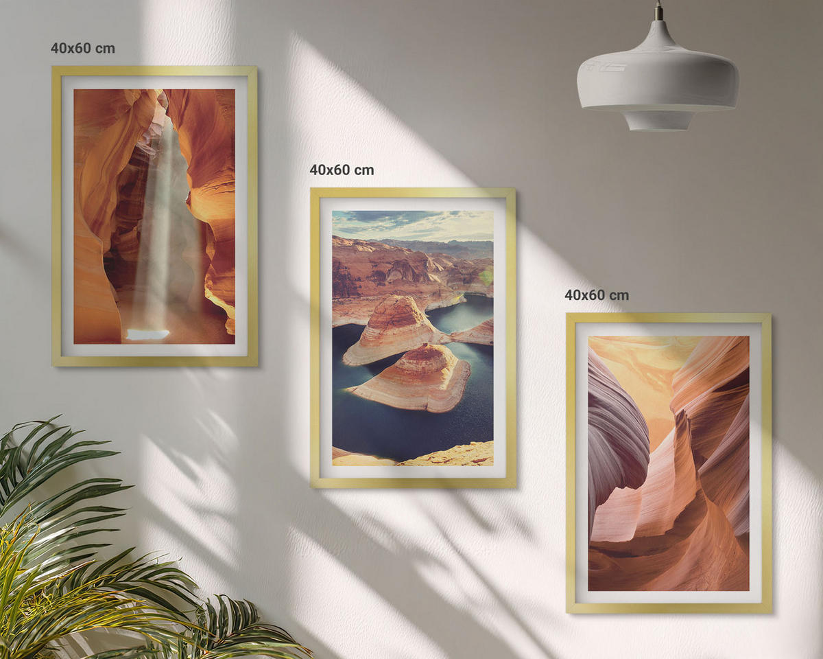 WANDBILDER 3er Set - 40x60 cm Goldrahmen - Wasserfall in der Schlucht - Goldfarben, Kunststoff (40/60cm) - ArtPrintCave