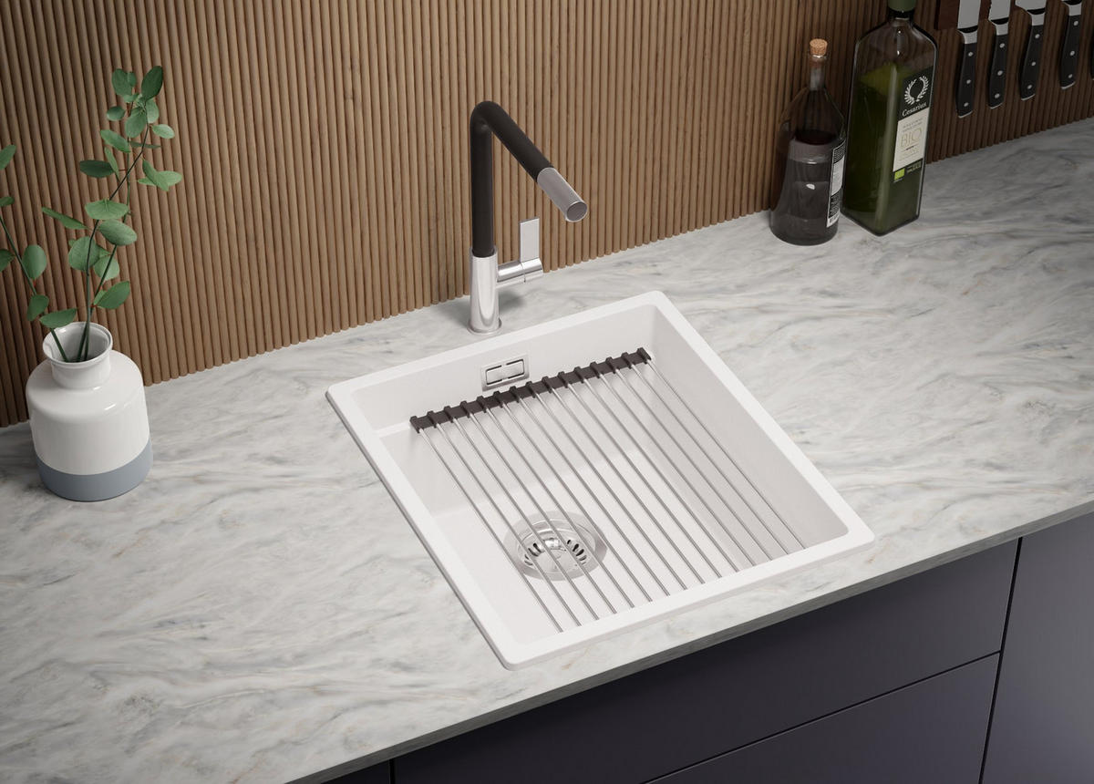 SPÜLBECKEN Praga Slim, 2-er set Weiß 41/47 cm 1 Becken + Ablauf-Set + Aufrollbare Abtropffläche ab 45er Unterschrank - Chromfarben/Weiß, Kunststoff (41/20/47cm) - Primagran