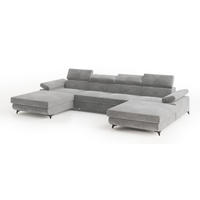 WOHNLANDSCHAFT DETTI Hellgrau Velours-Stoff mit Schlaffunktion - Hellgrau, Holz (339/89/190cm) - MASSENO