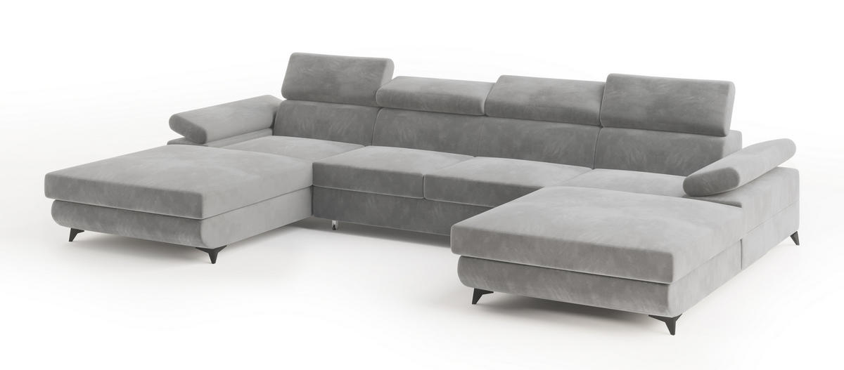 WOHNLANDSCHAFT DETTI Hellgrau Velours-Stoff mit Schlaffunktion - Hellgrau, Holz (339/89/190cm) - MASSENO