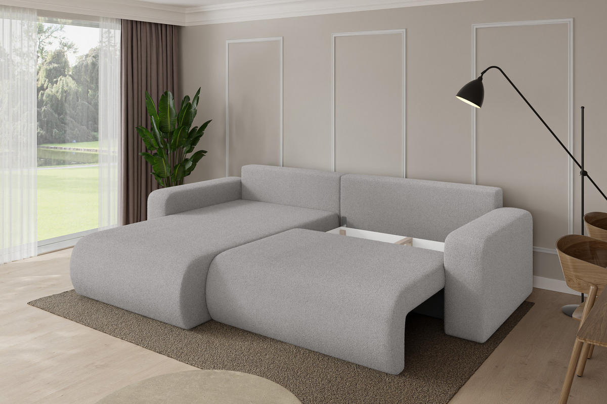 ROHOVÁ SEDAČKA s funkcí spaní, otoman vlevo BERY-L 276x193x88 světle šedá bouclé - černá/stříbrná, kompozitní dřevo/textil (276/193cm) - ALTDECOR
