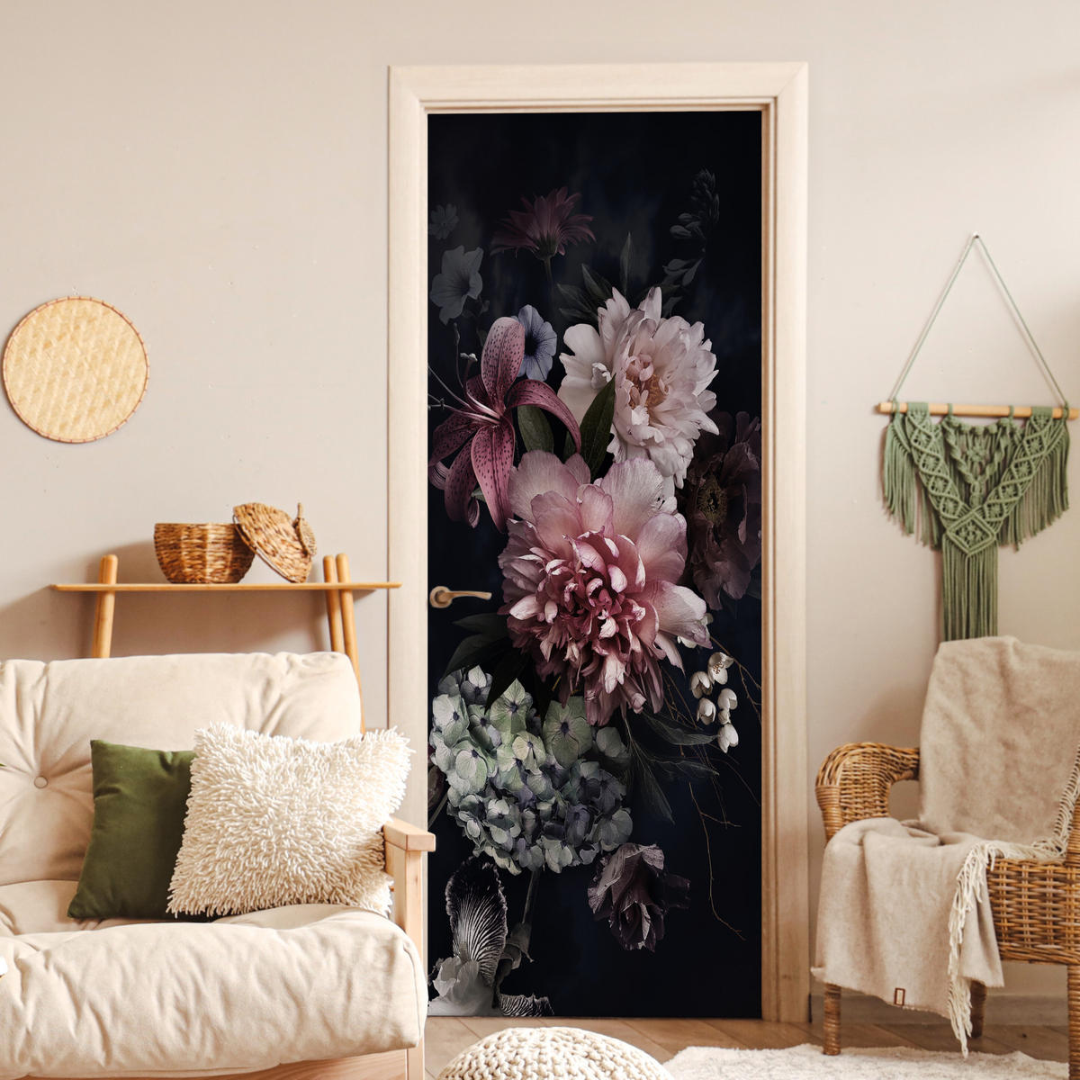 NÁLEPKA NA DVERE Kvety - Vintage - pastelové - ružové - biele 90x235 cm - staroružová, plast (90/0.1cm) - MuchoWow
