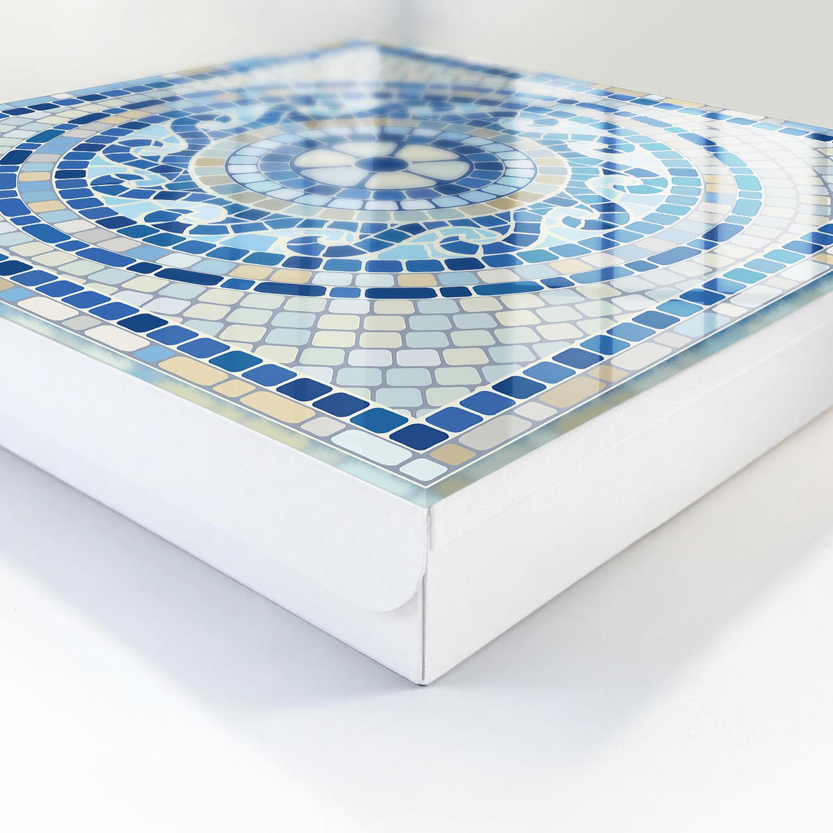 SCHLÜSSELBOX Weiß 30x30 cm – Türöffnung nach rechts - geometrisches Mosaik - Blau, Metall (30/30/5cm) - TULUP