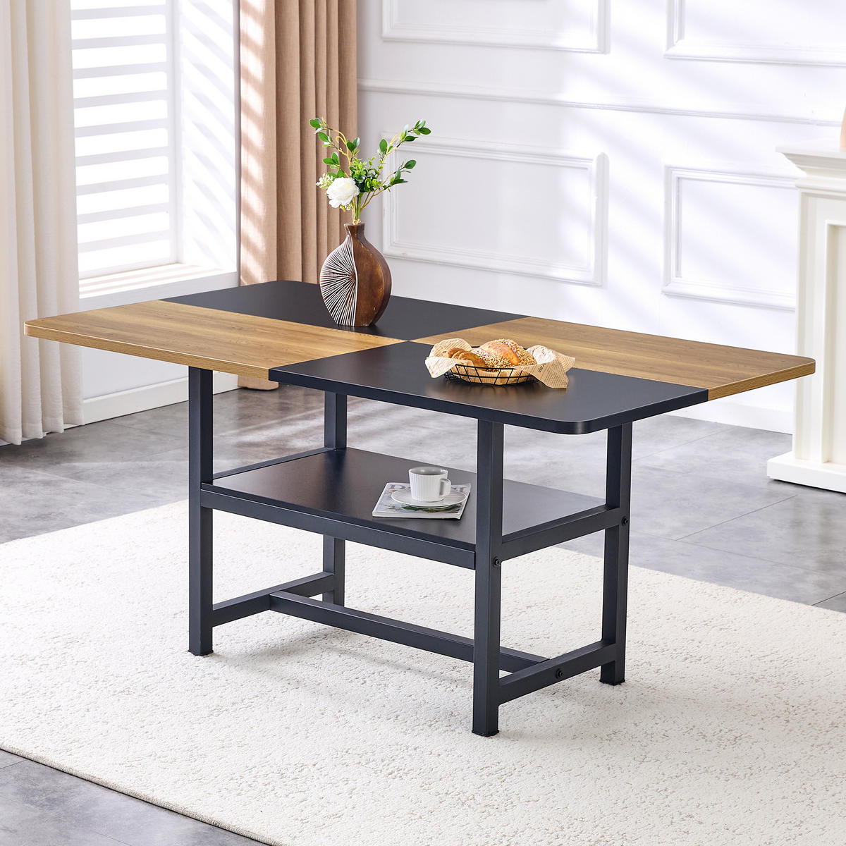 ESSTISCH 160/90/76 cm Braun Schwarz mit Ablage aus MDF und Metall - Schwarz, Holzwerkstoff (160/90/76cm) - OKWISH