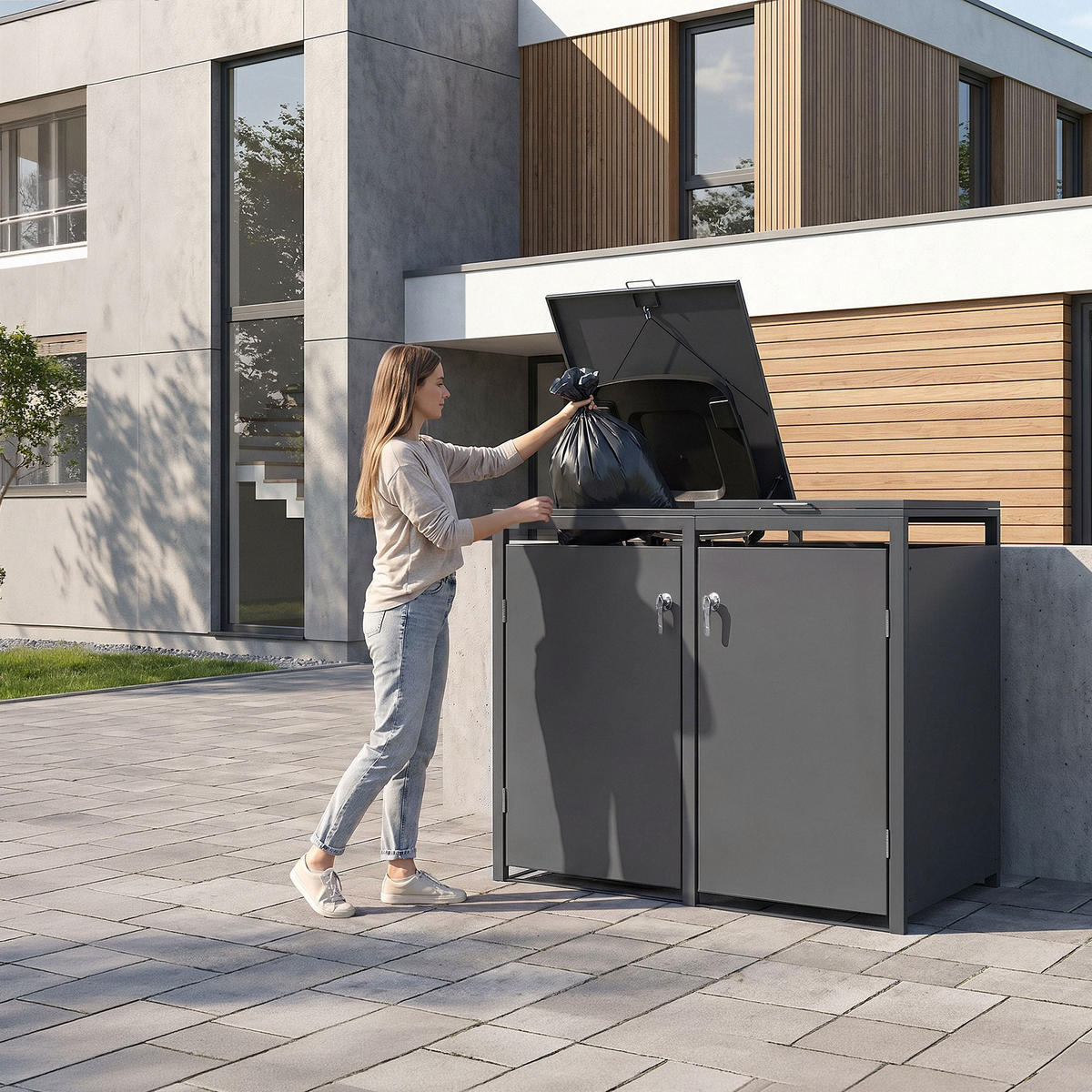 MÜLLTONNENBOX 2er Anthrazit - Anthrazit, Metall (132/120/80cm) - ML-DESIGN