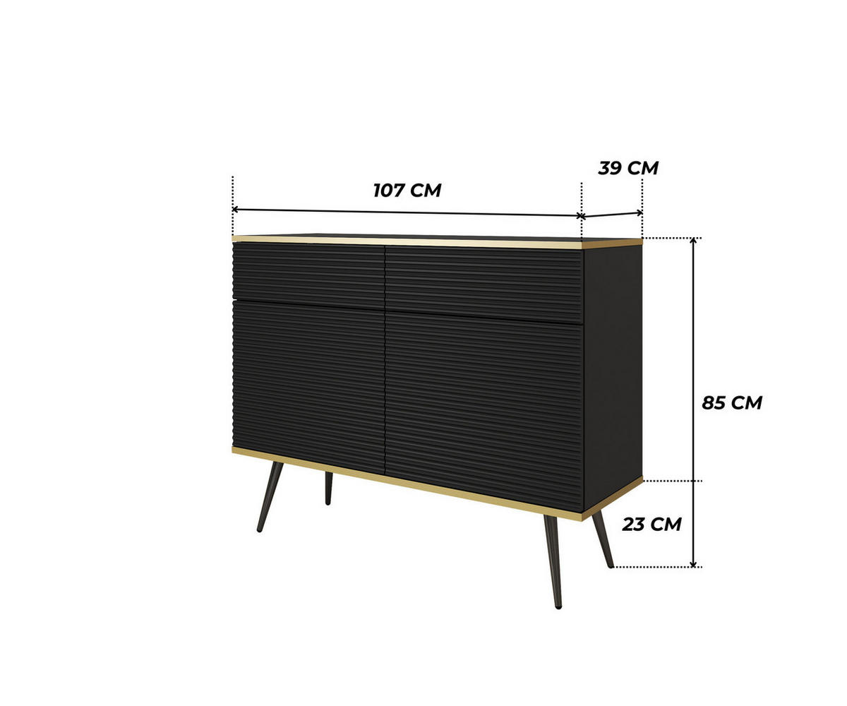 KOMMODE FORNO (Schwarz, Rillenfront, Goldene Details, 2 Türen, 2 Schubladen, schwarze Metallfüße, 107 cm) - Schwarz, Holz/Holzwerkstoff (107/85/39cm) - Ravio