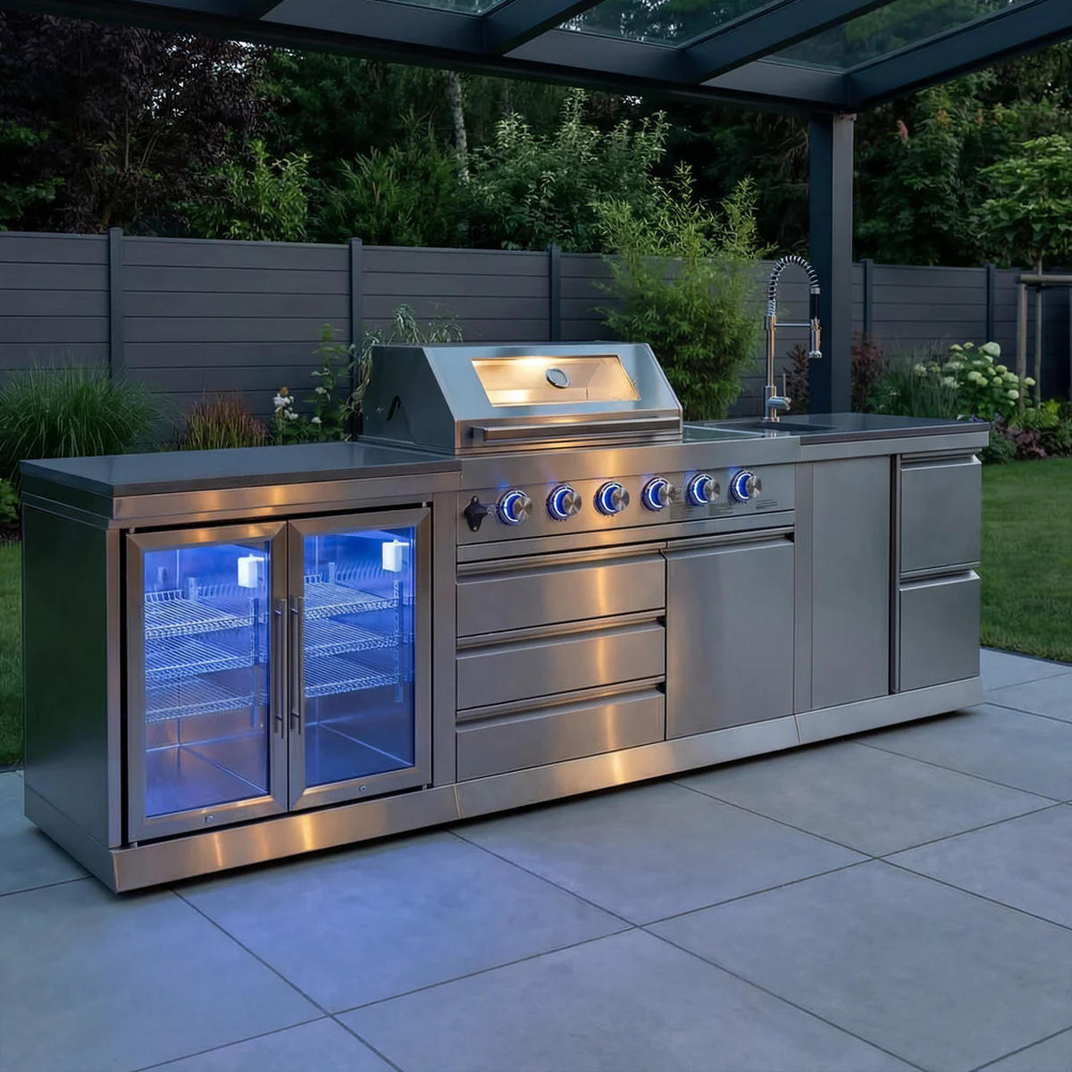 OUTDOORKÜCHE SILVERBACK M1 Gasgrill mit Spülbecken und Kühlschrank - Silberfarben, Metall (300/90/58cm) - Goriller