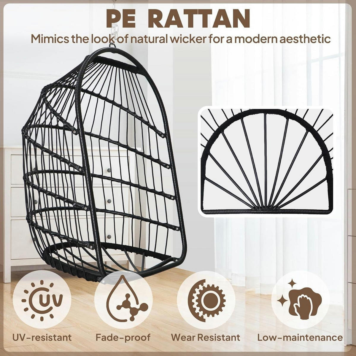 HÄNGESESSEL Rattan Korb mit Aufhängeset Schwarz - Grau, Kunststoff (73/1.5/108cm)